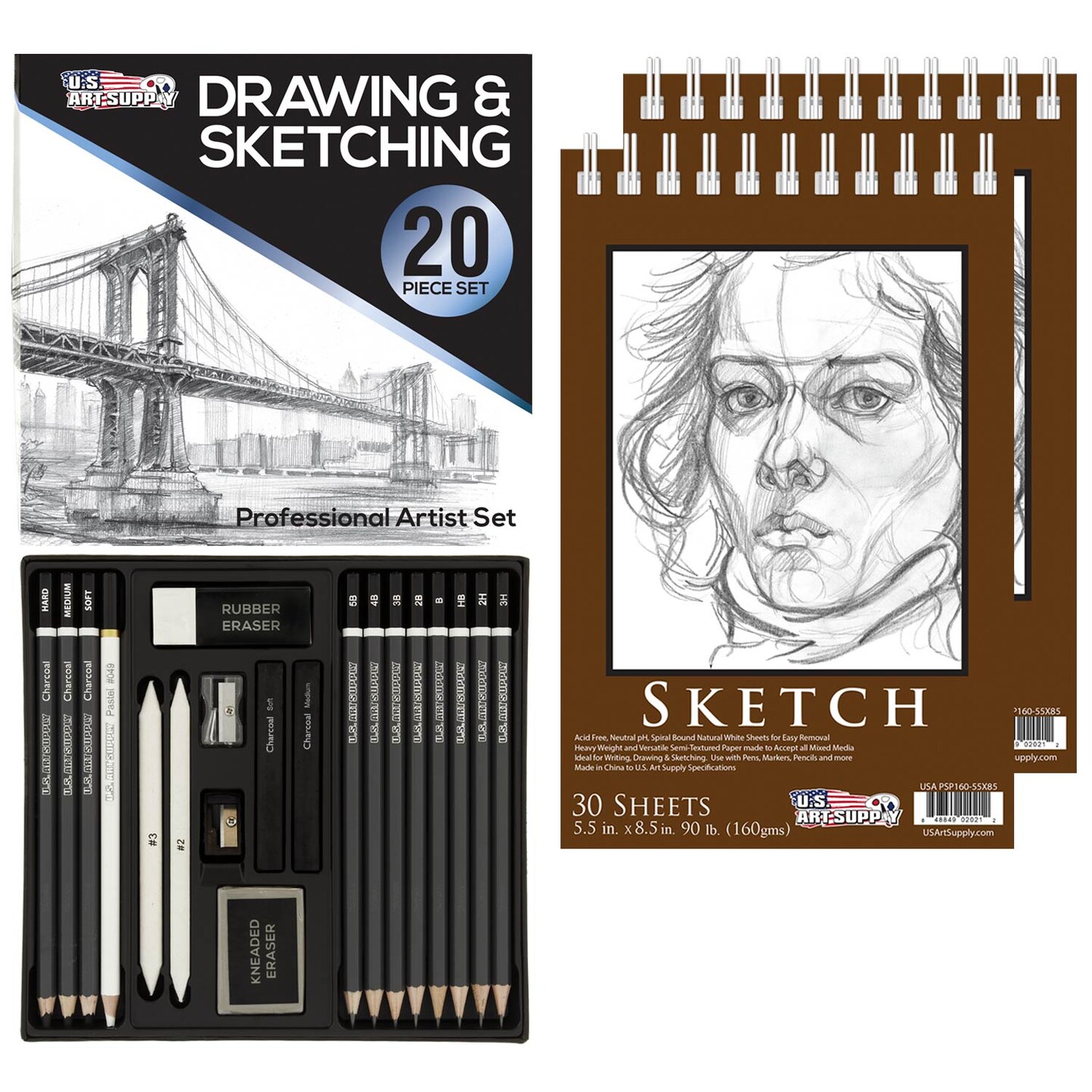20Piece Professional HighQuality Artist Sketch Set in Hard Storage Case, Sketch & Charcoal