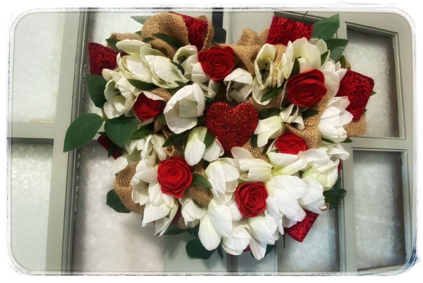 Beautiful Indoor or Outdoor 20 Inch Burlap Valentines Day Heart Wreath with White Tulips and Red Roses Free Shipping and Storage Bag product 5