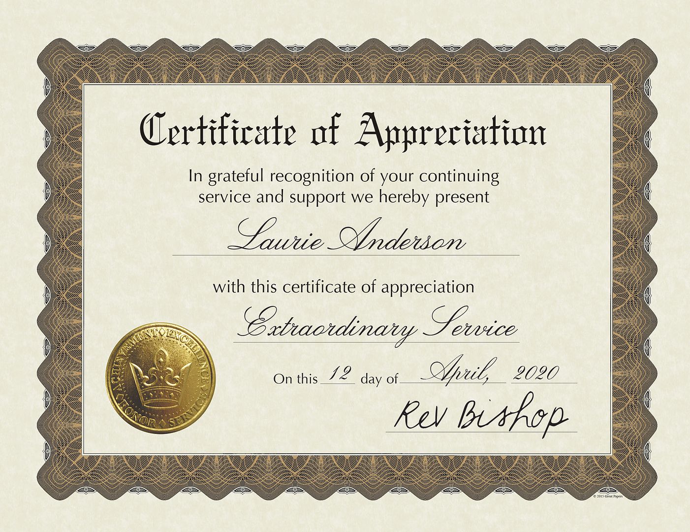 Great Papers! Parchment Stock Fill-In Certificates with Metallic Border, Appreciation, 8.5&#x22; x 11&#x22;, Not Printer Compatible, 6 Count