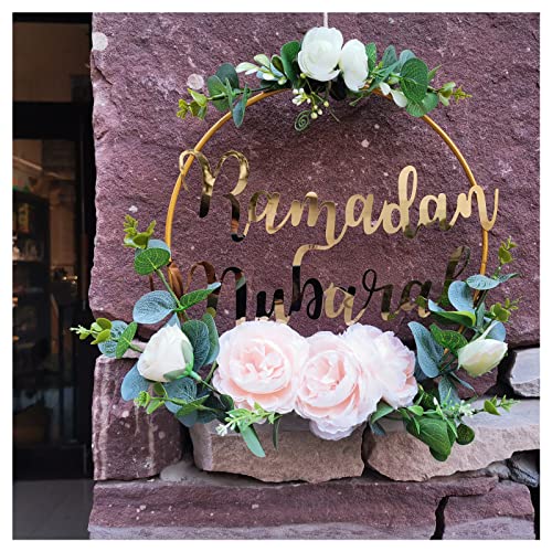 Ramadan Mubarak Wreaths, Artificial Pink Camellia Wreath Decorations for Front Door, Round Metal Hoop Floral Hanging Garland, for Wall Window Indoors Outdoor Farmhouse Decor