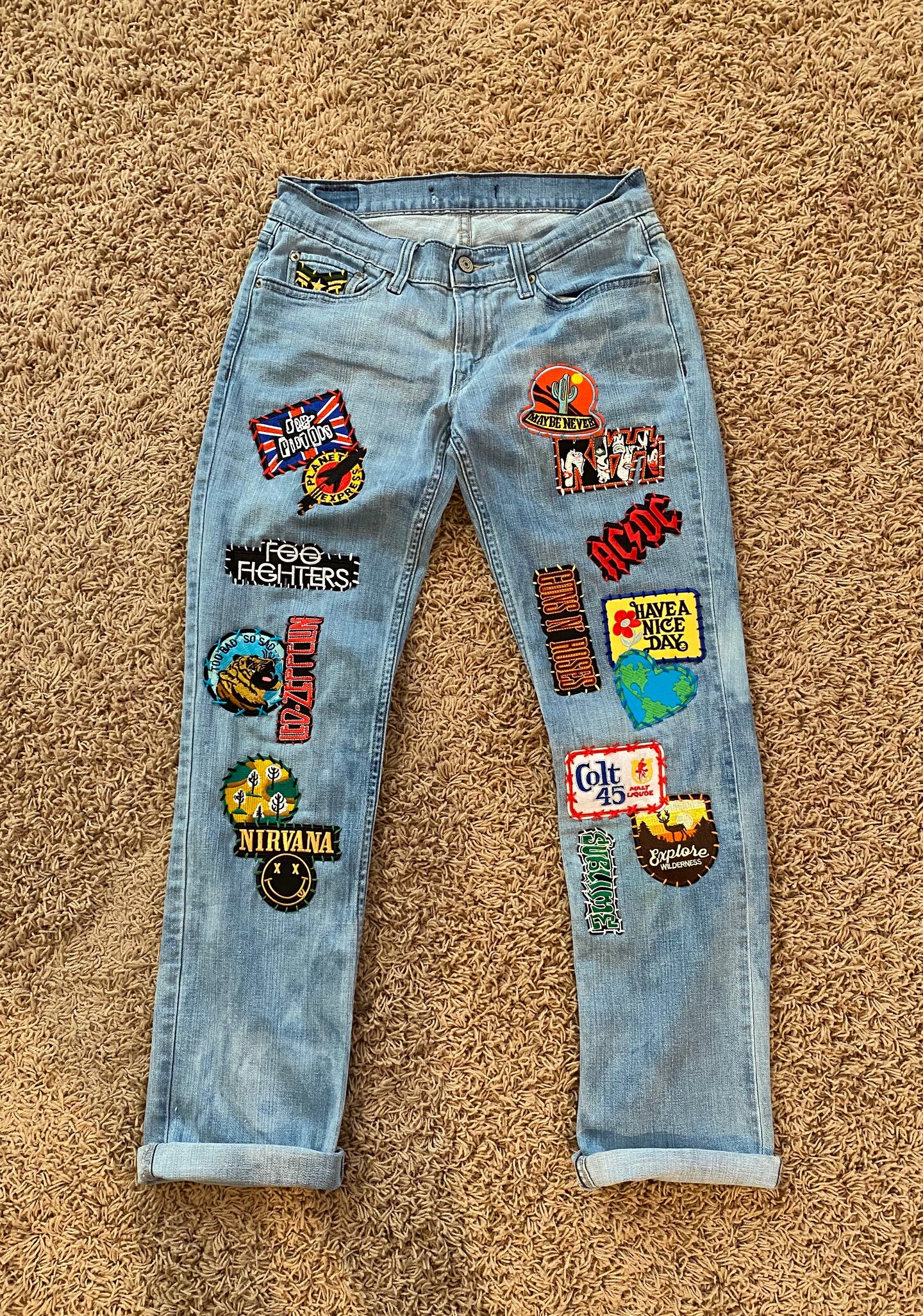 Custom, One of a kind, Patched, Embroidered, Re-worked Jeans