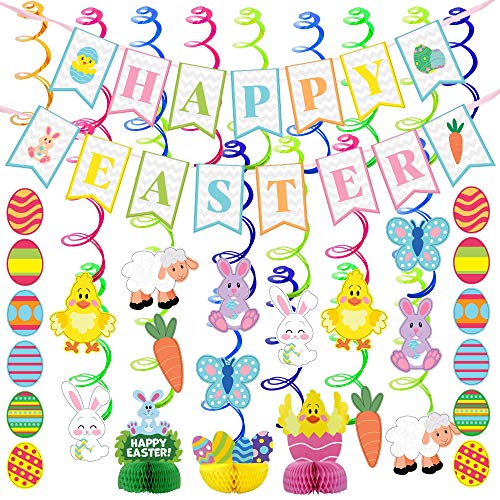 JOYIN 31 PCS Easter Decorations Egg Bunny Foil Swirl Party Hanging Decoration huge Value Kit for Easter and Themed Party Decoration bid