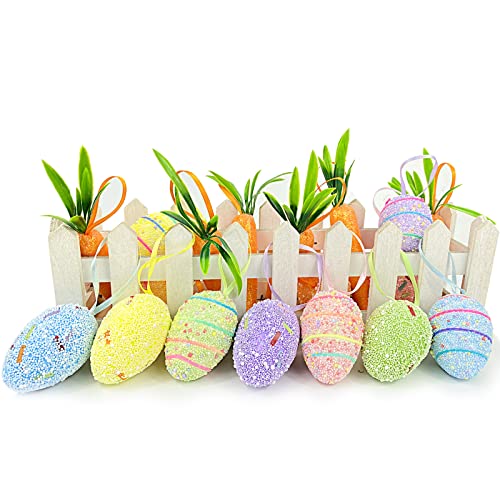 Easter Egg Ornaments and Carrot Hanging Ornaments 12 Pieces Colorful 6 Pieces Premium Foam Glitter Artificial Carrots Tree Decorations Home Party DIY Crafts