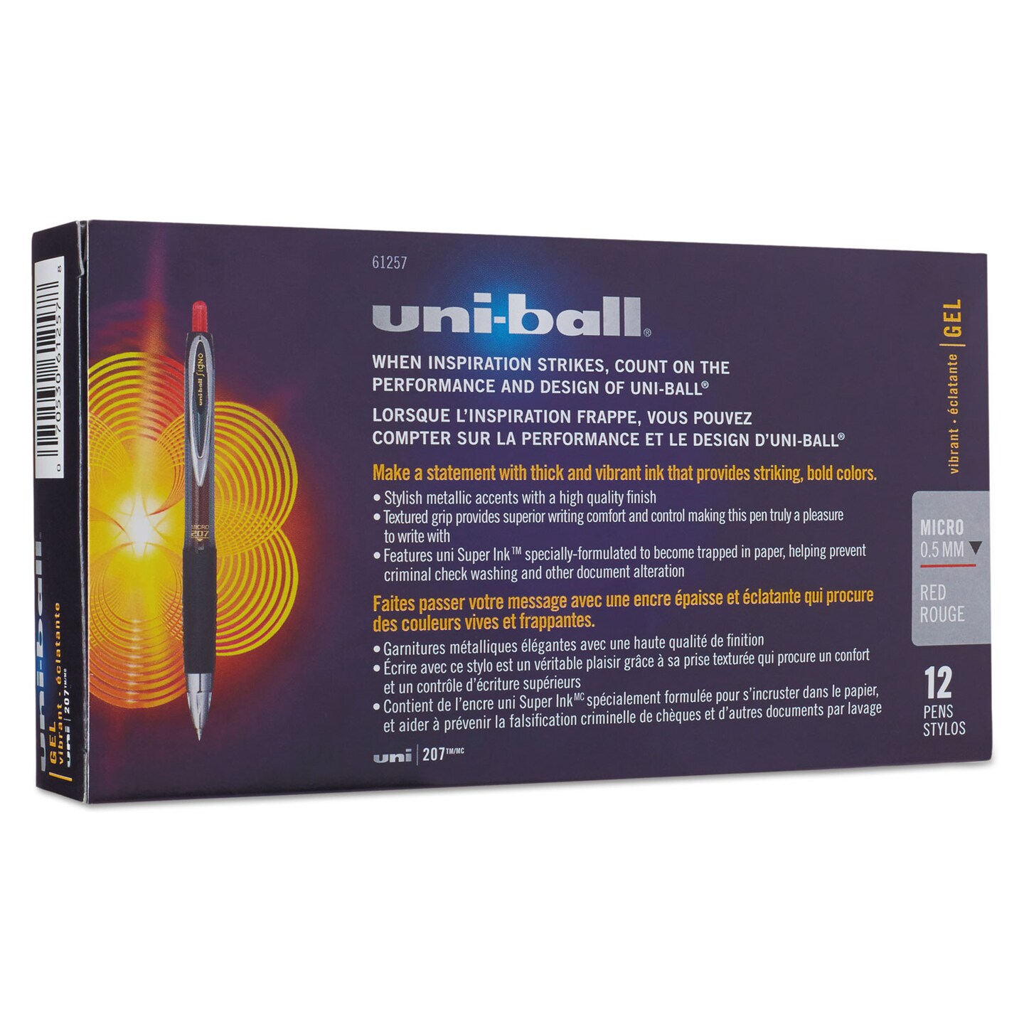 Uni-Ball Signo 207 Retractable Gel Pen, Micro 0.5mm, Red Ink, Smoke/Black/Red Barrel, Dozen