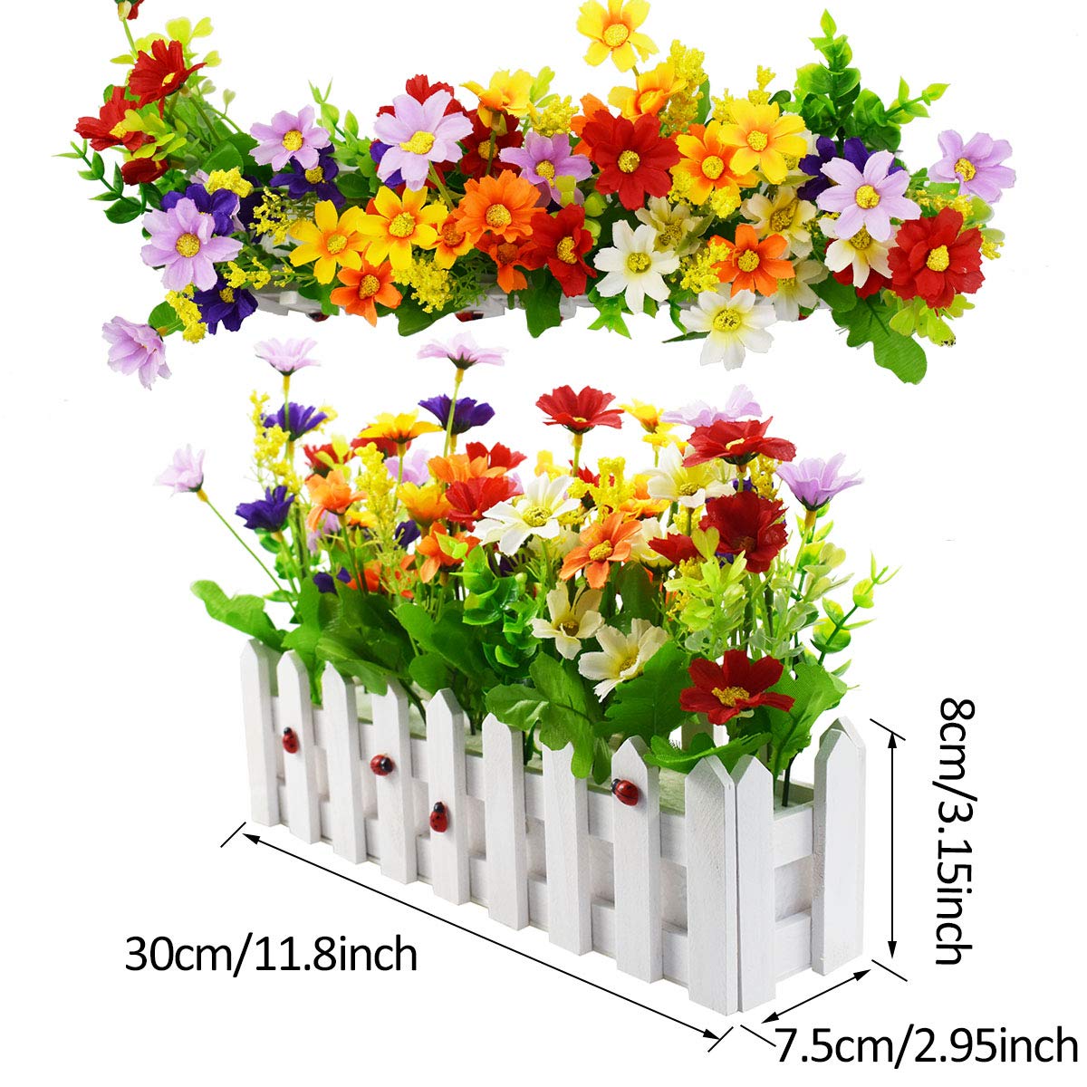XONOR Artificial Flower Plants - Mixed Color Daisies in Picket Fence Pot for Indoor Office Wedding Home Decor, 2 Sets