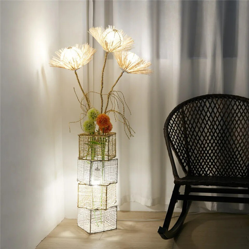 Dimmable Handmade Flower Led Floor Lamp Rattan Ground Vase 3 Heads Standing Night Light