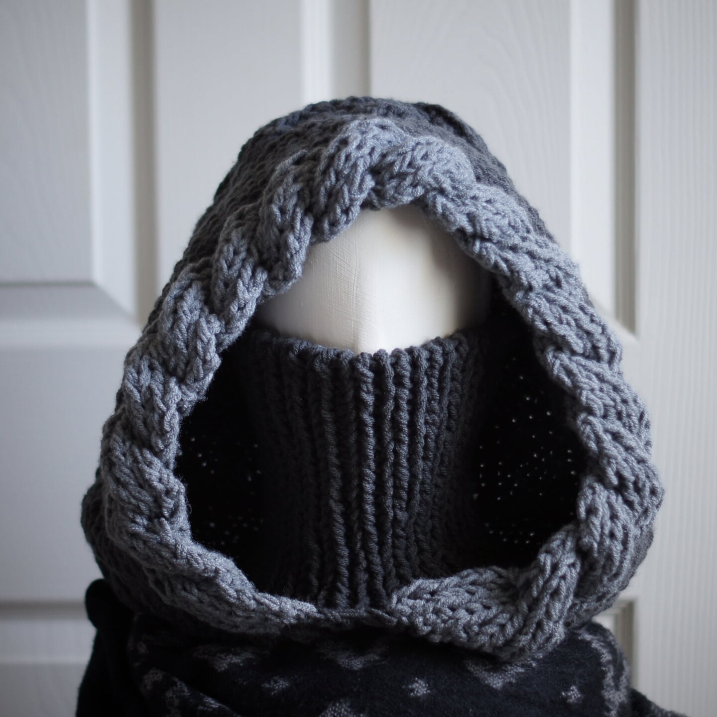 Dual Gray Winter Hood with Multi-Way Neck Warmer - Double Cable Knit Balaclava Hooded Cowl product 5