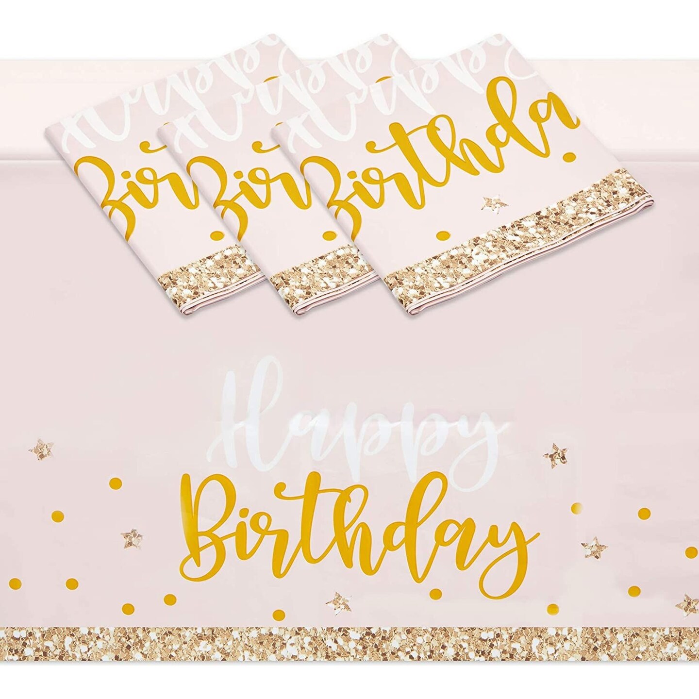 Pink and Gold Plastic Party Tablecloth, Happy Birthday (54x108 In, 3 Pack)