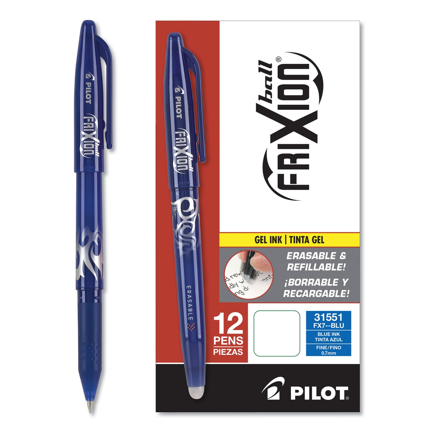FriXion Ball Erasable Gel Pen, Stick, Fine 0.7 mm, Blue Ink, Blue Barrel