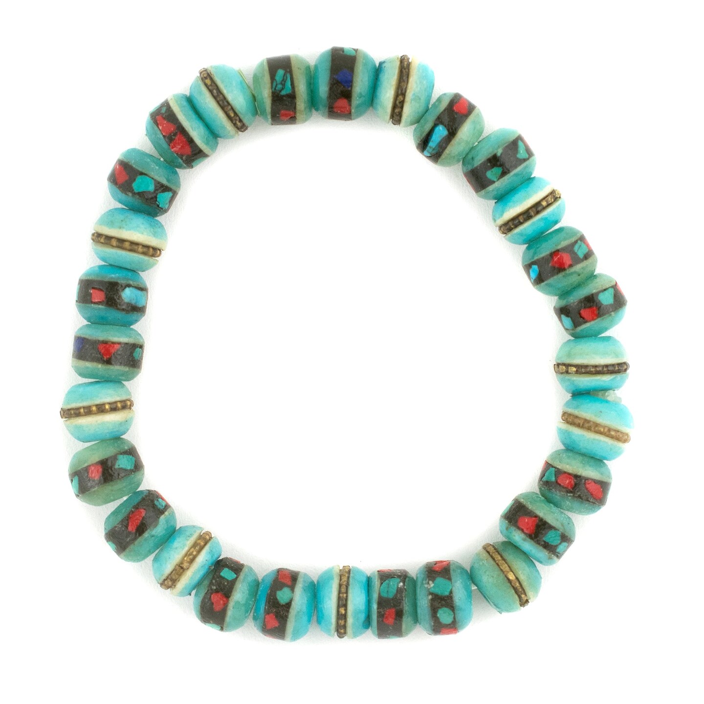 TheBeadChest Mala Stretch Bracelet, Vintage-Style Turquoise - Stackable Nepal Bone Inlaid with Turquoise &#x26; Coral Colors, 100% Authentic and Genuine