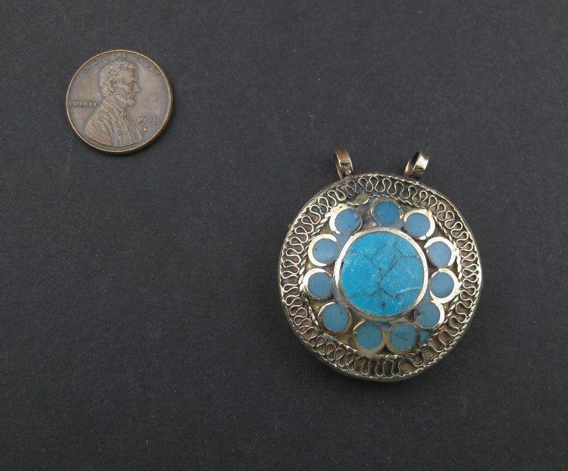 TheBeadChest Turquoise Blue Inlaid Afghani Silver Pendant Afghanistan White Metal Large Hole