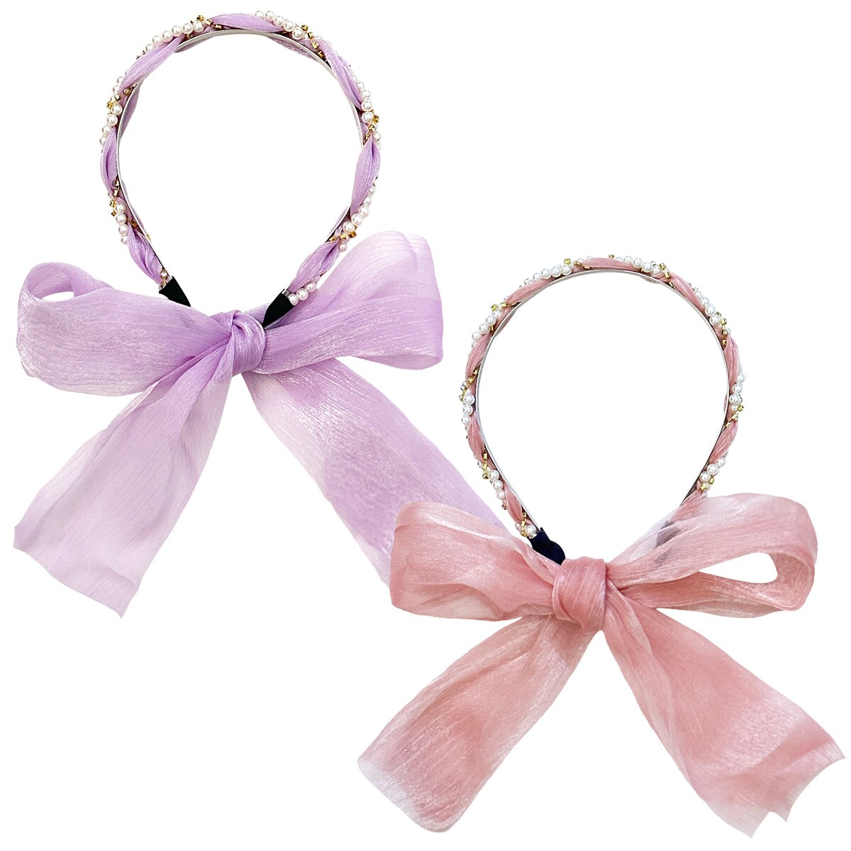 Wrapables Pearl &#x26; Rhinestone Headbands with Long Ribbon Head Wraps (Set of 2)