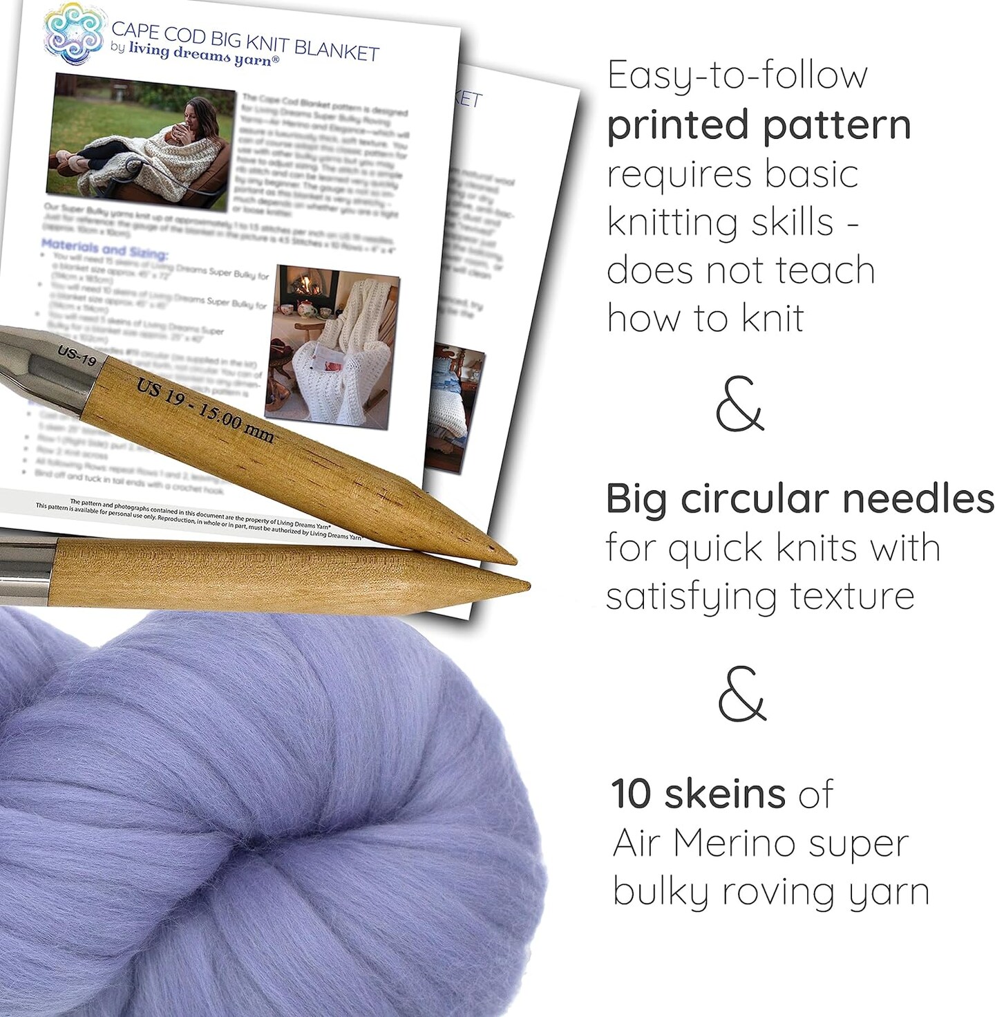 DIY Merino Wool Blanket Knitting Kit: Soft and Thick #7 Weight Jumbo Yarn, Knitting Needles and Pattern. Soft, Cozy, Great for Gifts