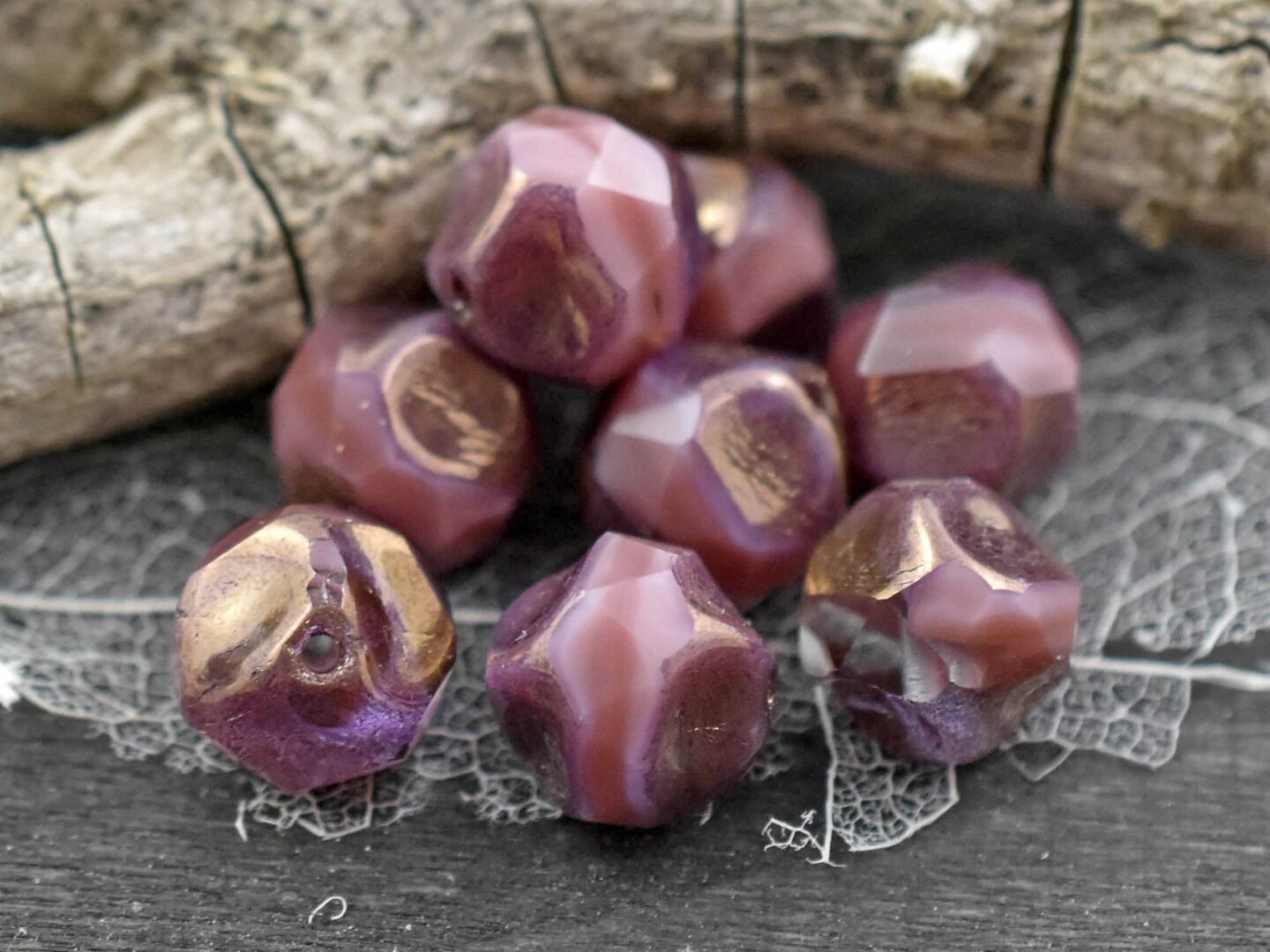 *15* 9mm Purple Bronze Washed Pink Silk Central Cut Round Beads