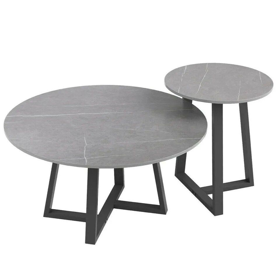 Exclusive Design 2PCS Nesting Marble Coffee Table Round Side Table w/ Metal Base