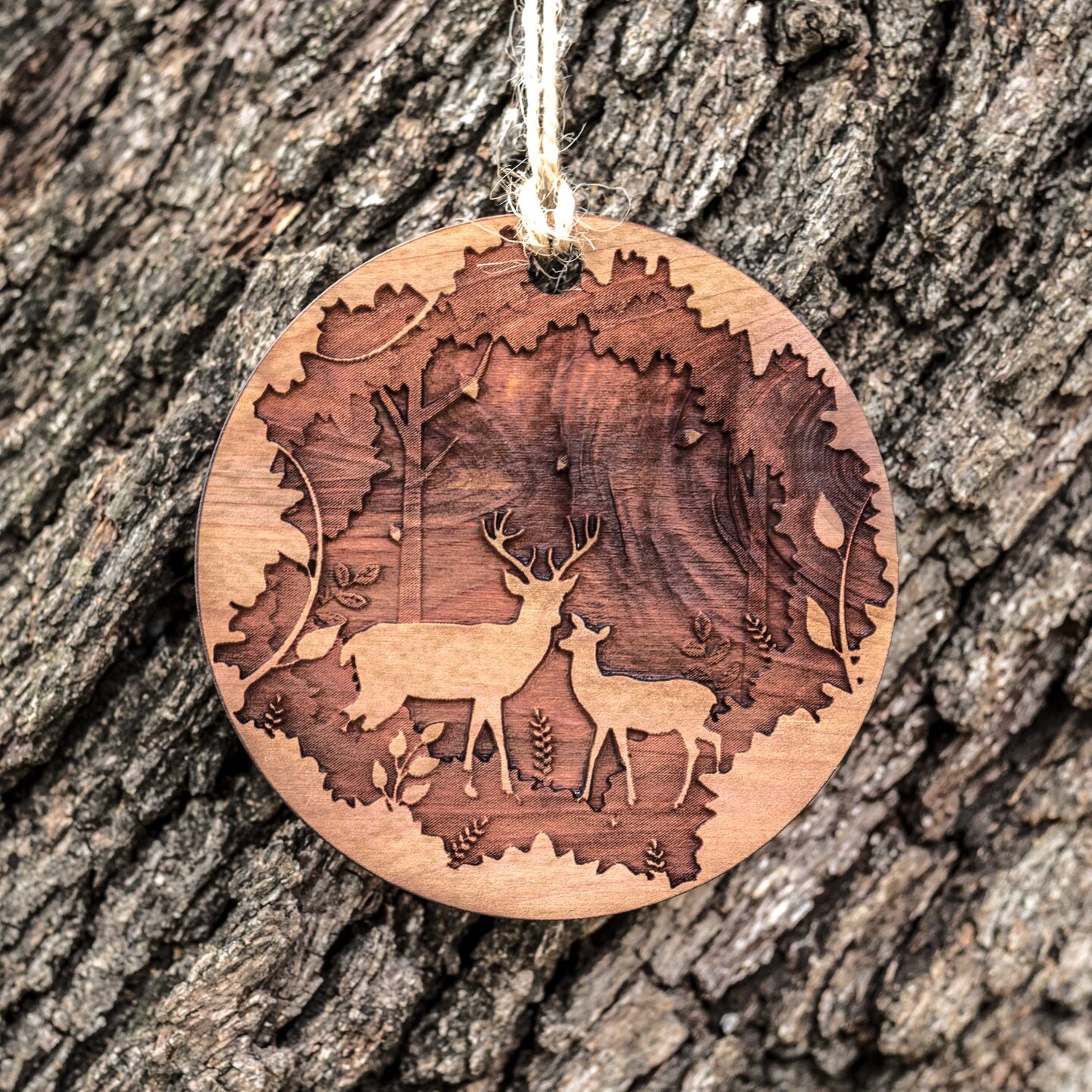 Deer Couple - Raw Cedar Ornament 3x3in Deer Couple - Raw Cedar Ornament 3x3in