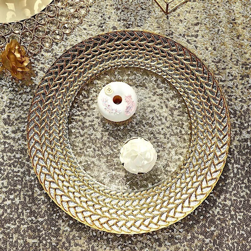 8 GOLD SILVER BRAIDED RIM 13&#x22; Round Clear Glass Charger Plate