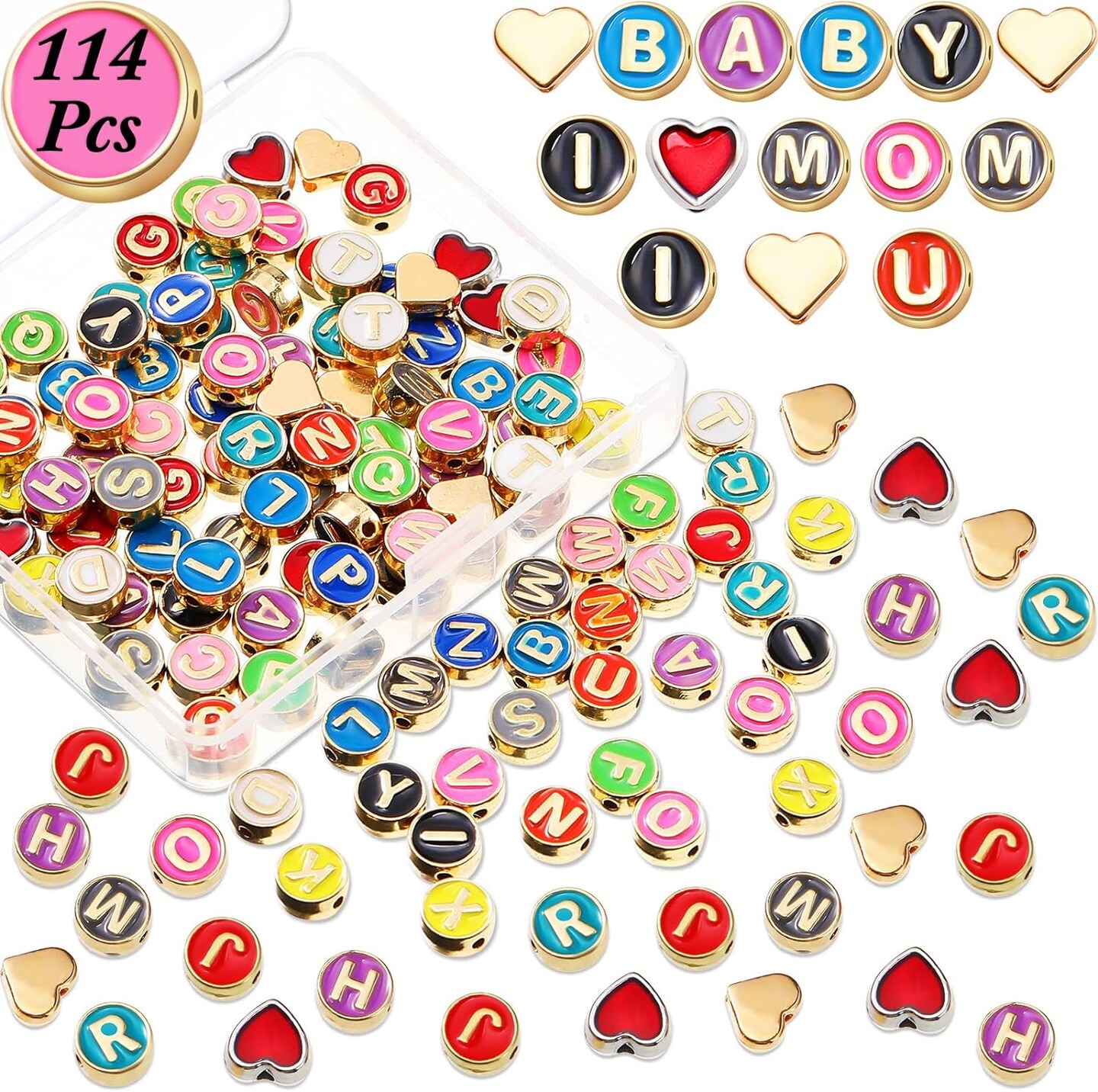 114 Pcs Alloy Alphabet Letter Beads 8 mm Flat Round with Letter A-Z Beads Plated Metal Initial Letter Loose Spacer Beads for DIY Bracelet Necklace Earring Jewelry Craft Making (Bright Colors)