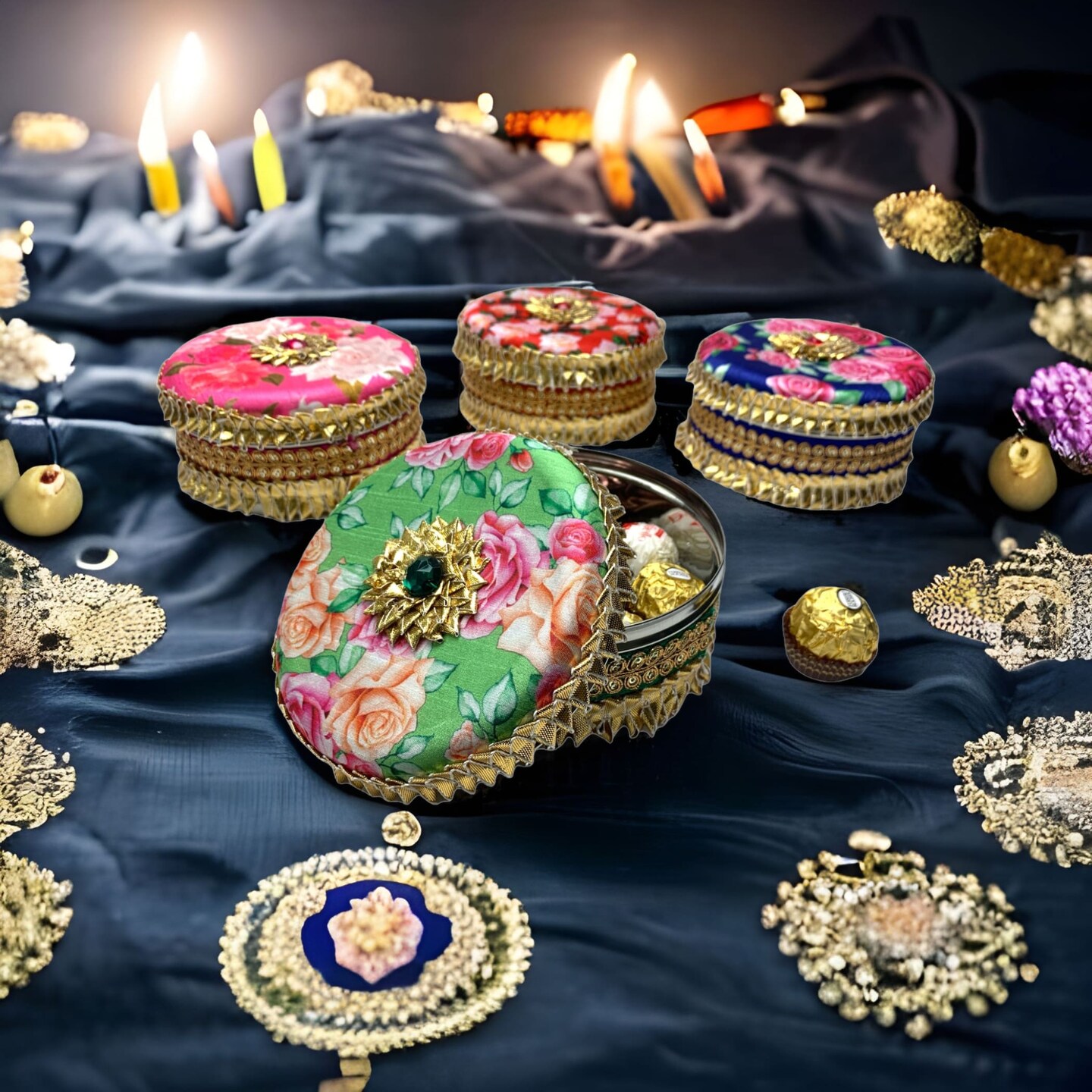 Decorative Gotta Steel Ladoo Box Designer Sweet Box Indian Wedding Housewarming Shagun Gift Festival Pooja Favor Return Gift for Friends Family Guest Bridesmaid