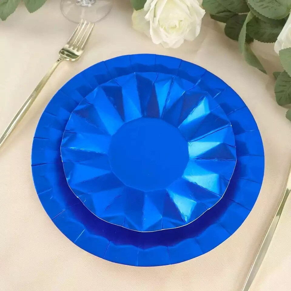 25 ROYAL BLUE 7&#x22; Metallic Round Paper Salad Dinner Plates