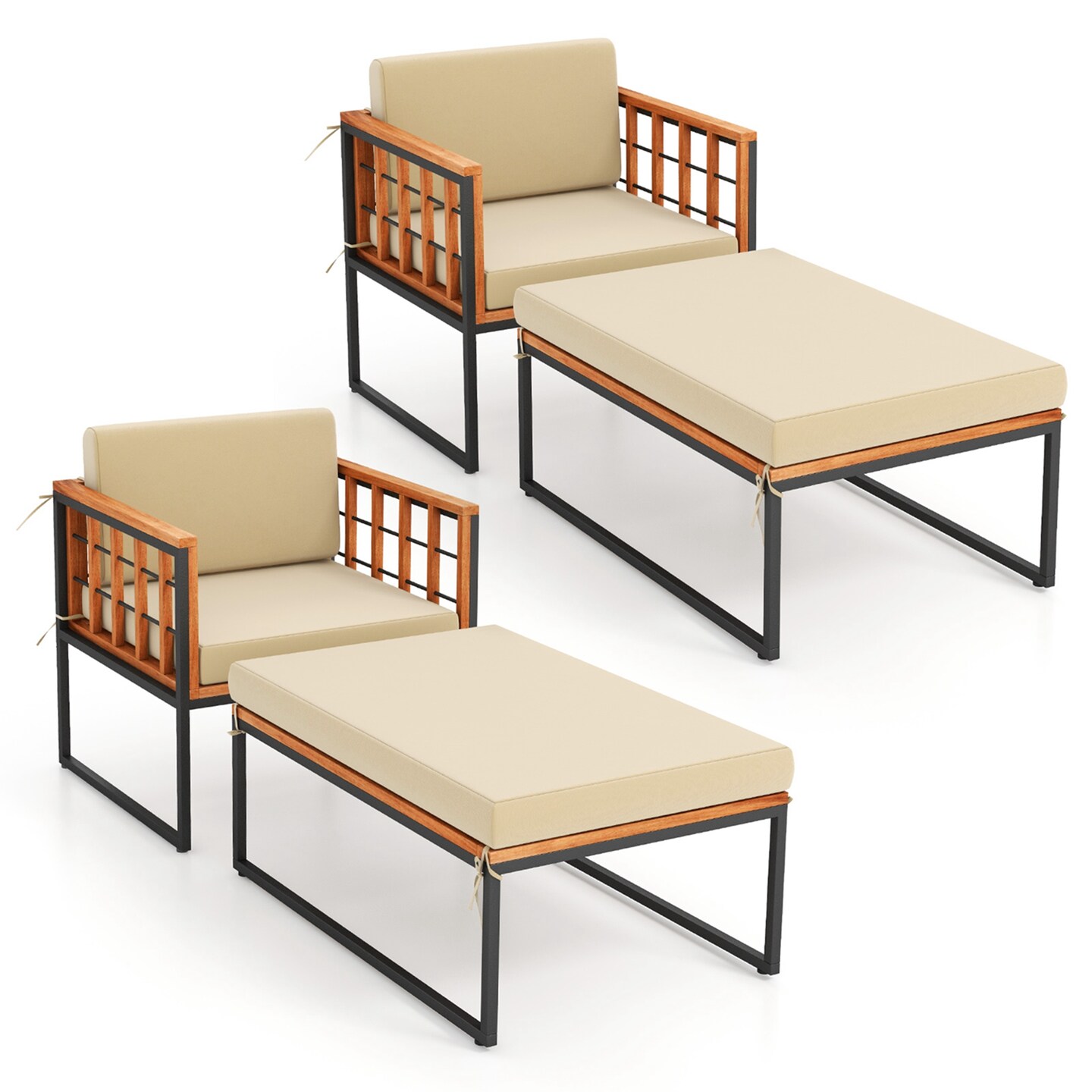 Costway 1/2 PCS Outdoor Furniture Set Patio Acacia Wood Armchair with Long Ottoman Cozy Seat