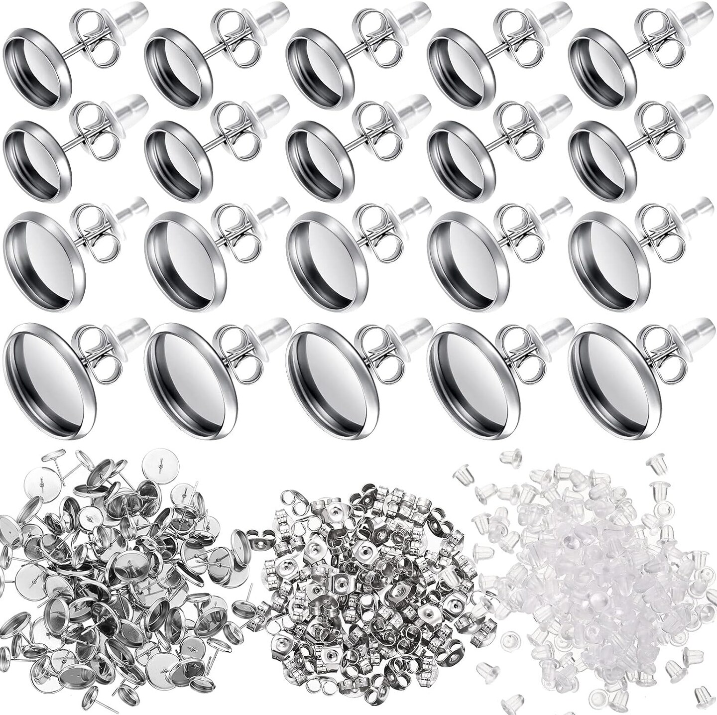 500 Pcs Earring Studs for Jewelry Making Blank Stud Earring with Post Kit 12 mm 10 mm 8 mm Cabochon Earring Bezels for Jewelry Making