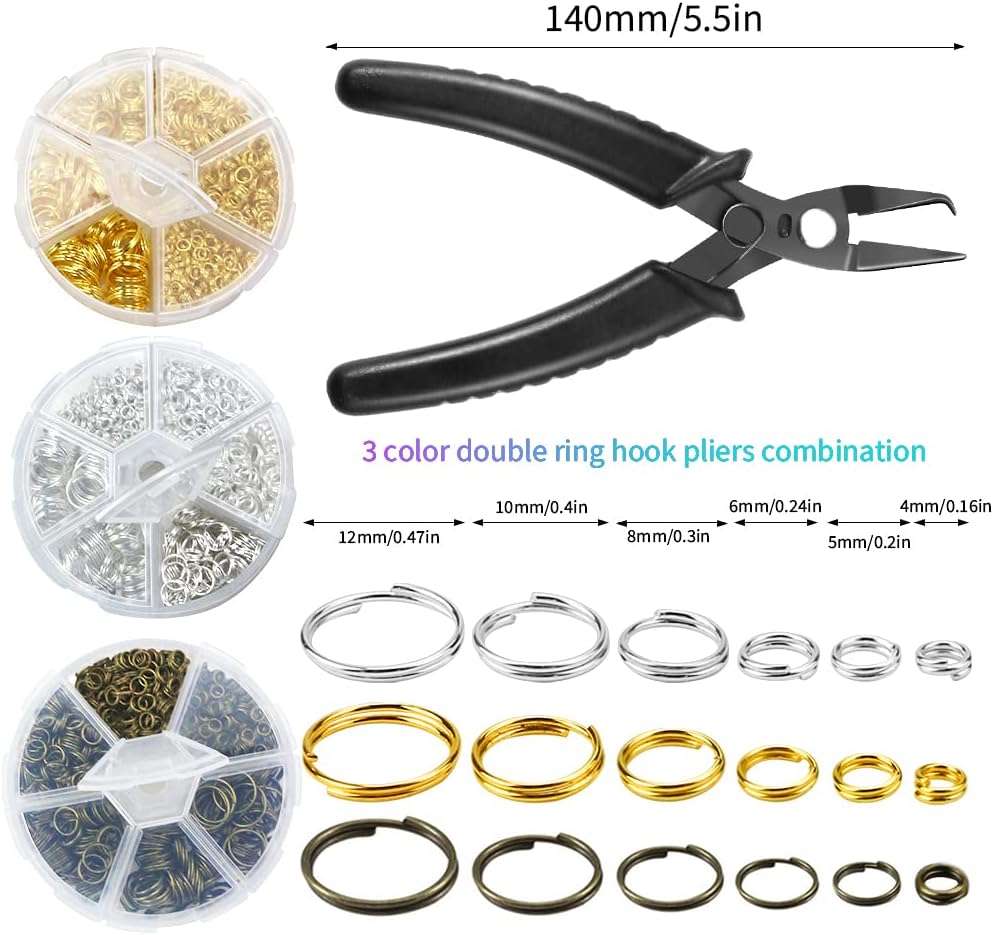 Split Rings Kit, 2070 PCS Double Loops Split Jump Ring with Split Ring Pliers, Mini Metal Ring Connectors 4mm to12mm for Jewelry Making and DIY Crafts, Silver, Gold and Bronze