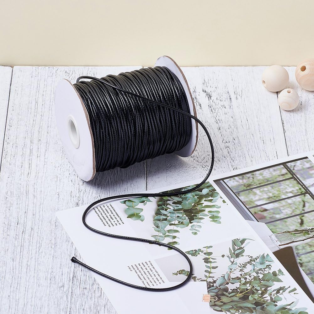 100 Yards 1.5mm Waxed Cotton Cord Macrame Bracelet Necklace Jewelry Making Waxed Beading Thread String (Black)