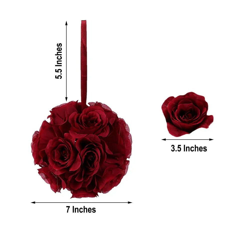 2 BURGUNDY 7&#x22; Silk Roses Flowers Kissing Balls