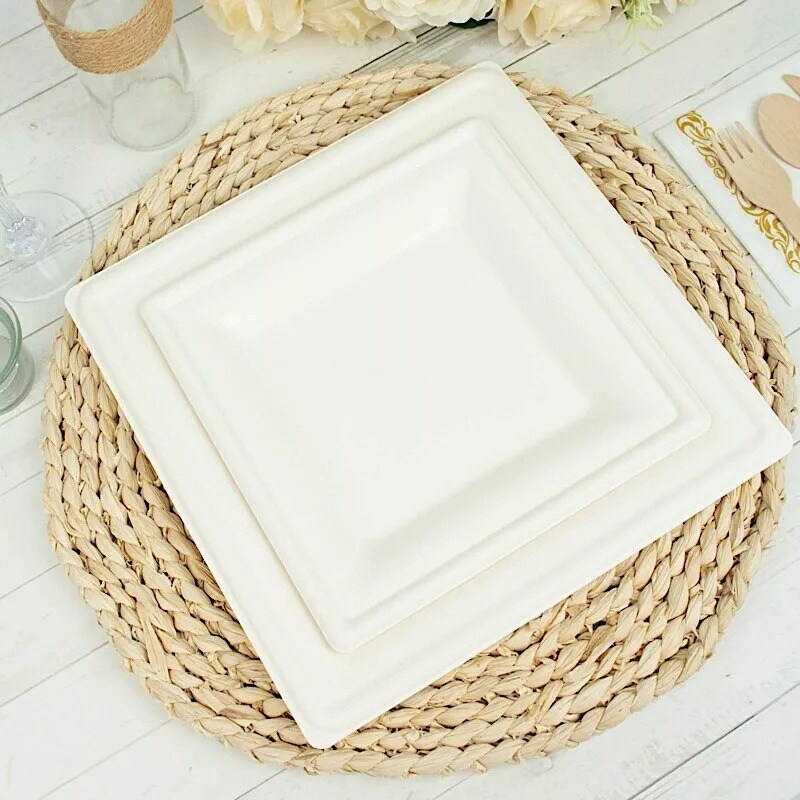 50 Square 8&#x22; WHITE Bagasse Sustainable Salad PLATES