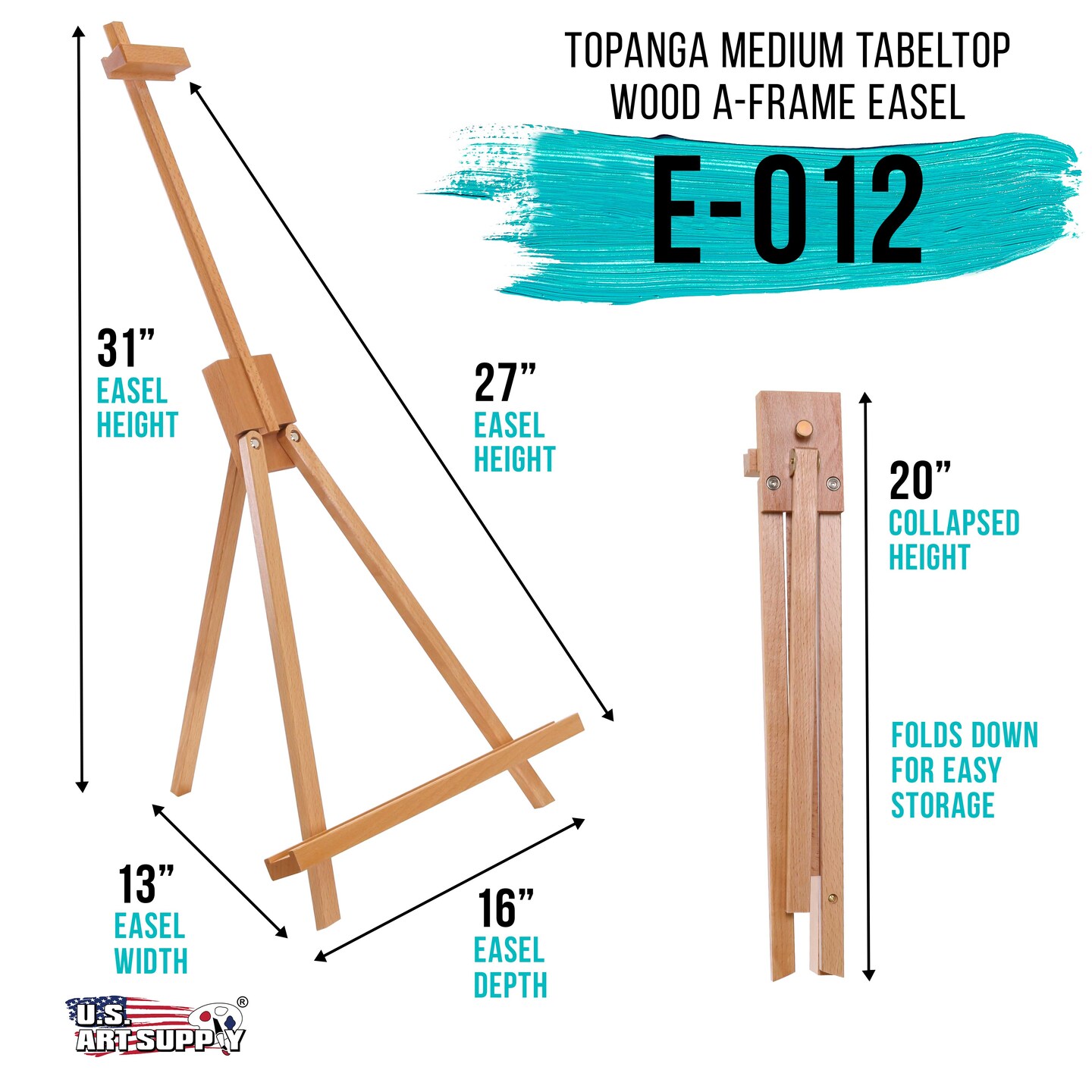 Topanga 31&#x22; High Tabletop Wood Folding A-Frame Artist Studio Easel - Adjustable Beechwood Tripod Display Stand, Hold Up To 27&#x22; Canvas - Portable Table