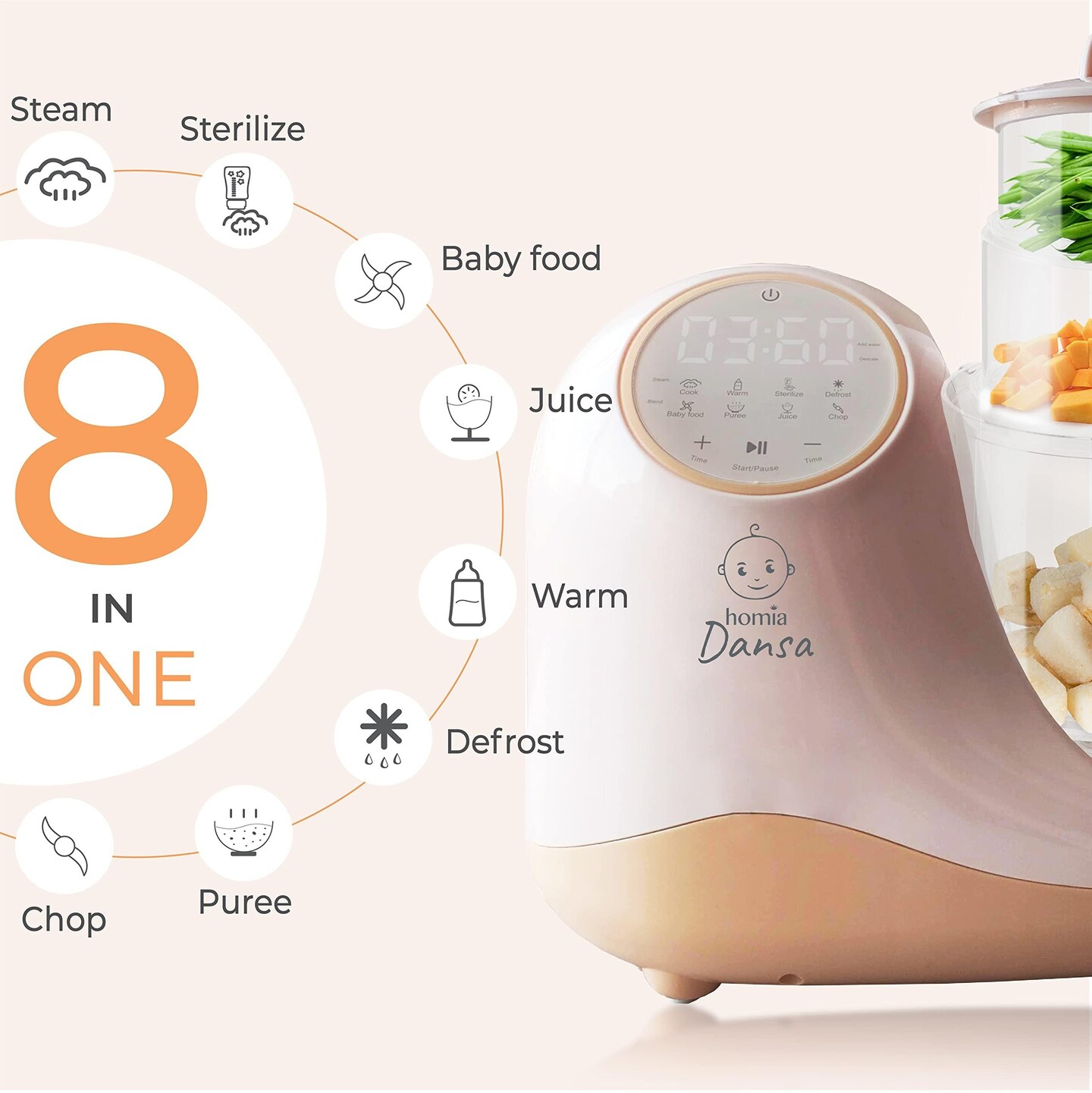 Baby Food Maker Chopper Grinder Mills and Steamer 8 in 1 Processor for Toddlers Steam Blend Chop Disinfect Clean 20 Oz Tritan Stirring Cup Touch Control Panel Auto Shut Off 110V Only