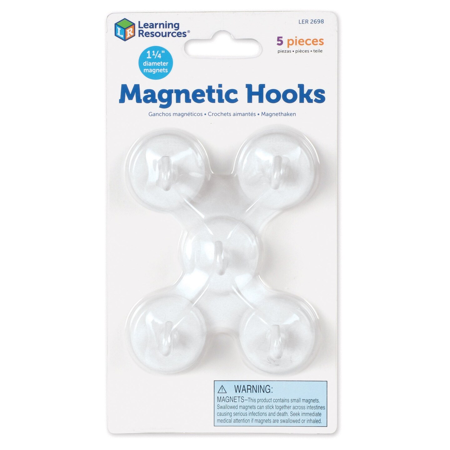 Magnetic Hooks, 1.25&#x22; Diameter, White, 5 Per Pack, 2 Packs