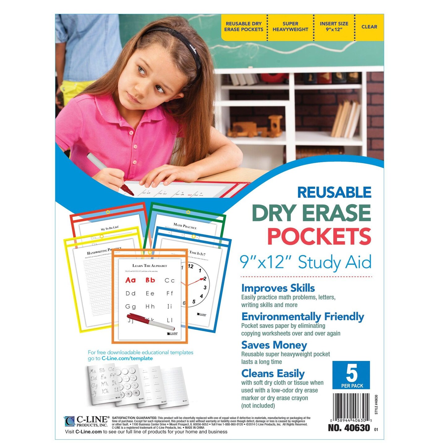 Reusable Dry Erase Pockets, Primary Colors, 9&#x22; x 12&#x22;, 5 Per Pack, 2 Packs