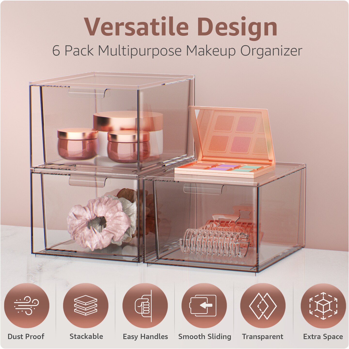Sorbus 6 Pack Clear Stackable Acrylic Drawer Makeup Organizers - for Vanity, Bathroom, Under Sink, Cabinets, Jewelry, and More