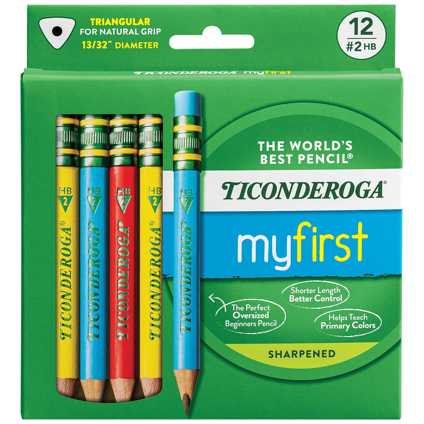 My First&#xAE; Short Wooden Pencils, Large Triangle Barrel, Sharpened, #2 HB Soft, With Eraser, Primary Colors, 12 Per Pack, 2 Packs