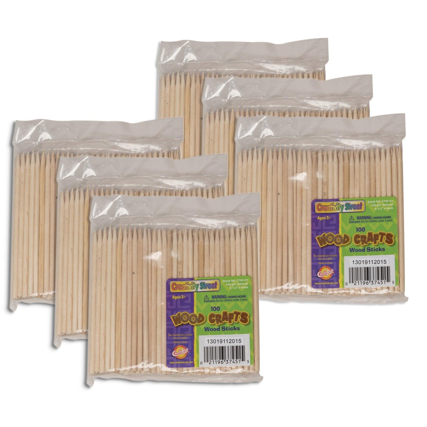 Wood Sticks ,4.5&#x22;, Natural, 100 Sticks Per Pack, 6 Packs