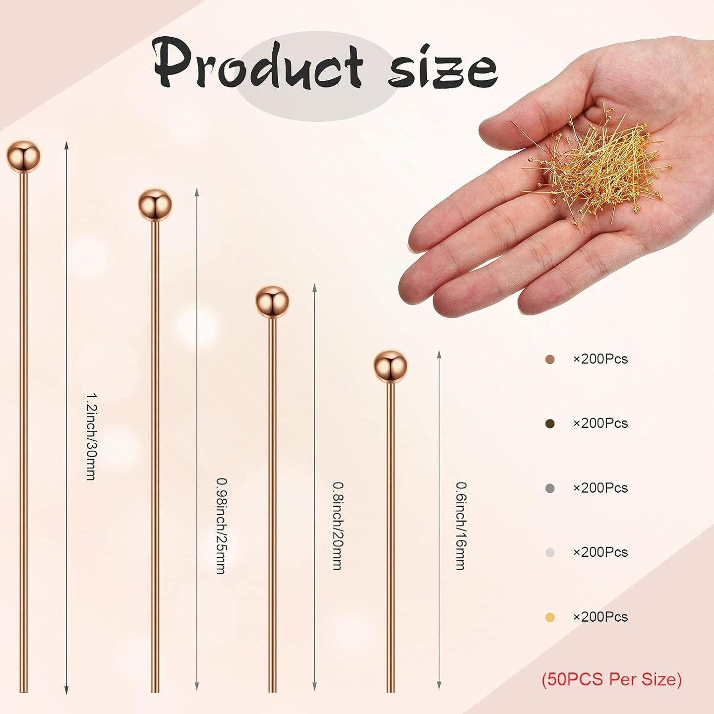 1000 Pieces Jewelry Making Silver Gold 16mm 20mm 25mm 30mm Ball Head Pins Needles Brass Long Craft Head Pins for Jewelry Making Bracelet Earring (Multicolor)