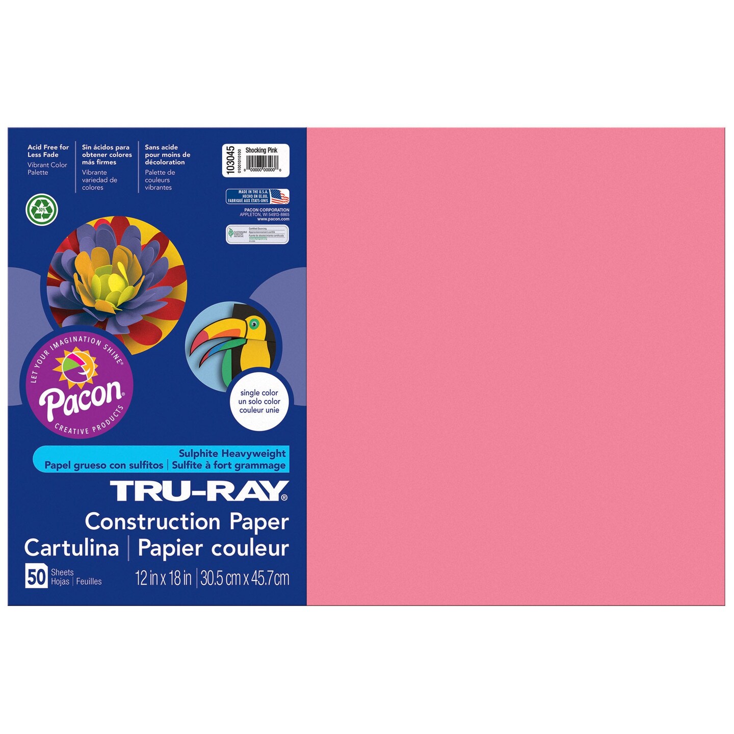 Construction Paper, Shocking Pink, 12&#x22; x 18&#x22;, 50 Sheets Per Pack, 5 Packs