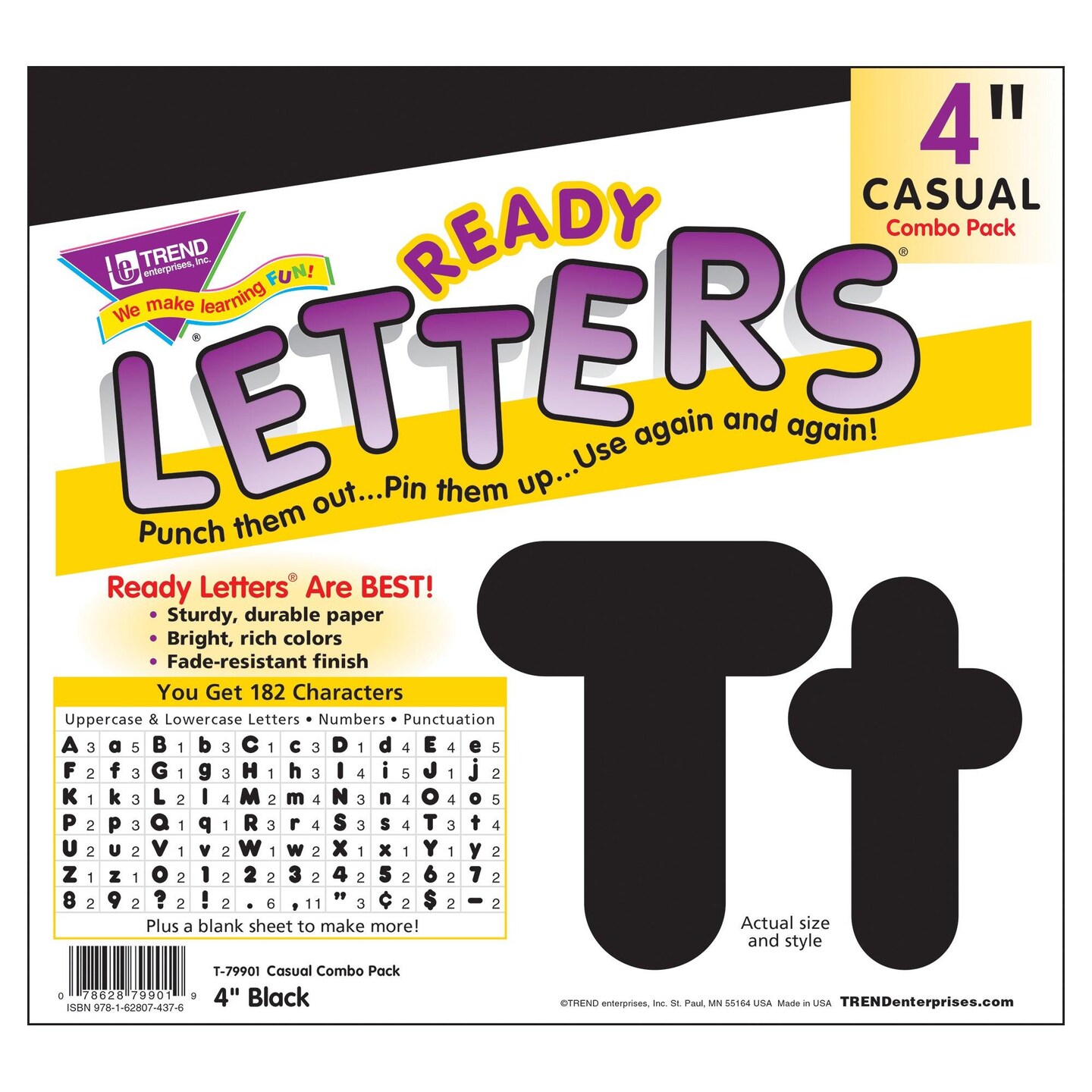 Black 4-Inch Casual Uppercase/Lowercase Combo Pack Ready Letters&#xAE;, 182 Per Pack, 3 Packs