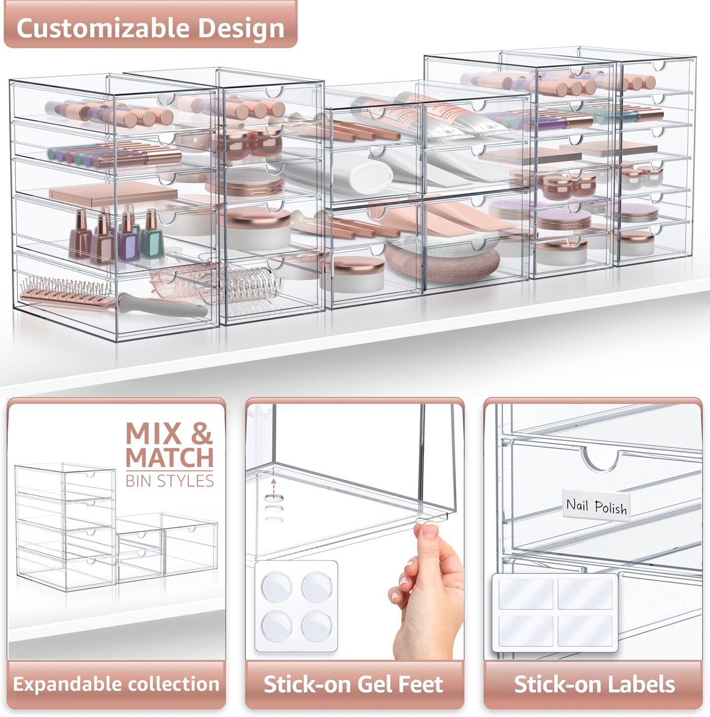 Sorbus 30 Drawers Acrylic Organizer for Makeup, Organization and Storage, Art Supplies, Jewelry, Stationary - 6 Pcs Clear Stackable Storage Drawers