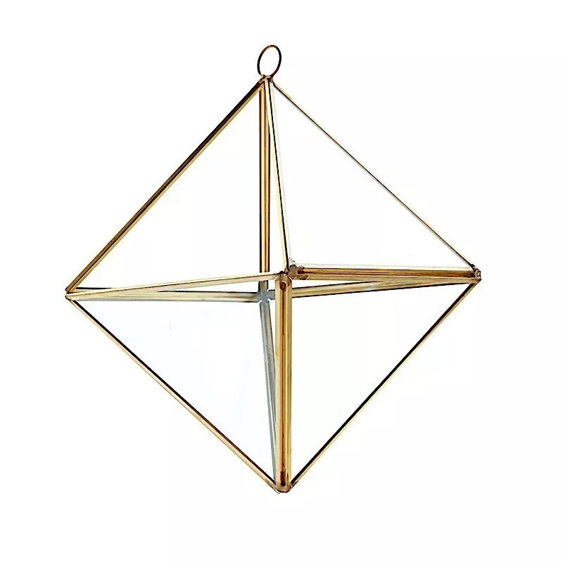CLEAR GOLD 9&#x22; tall Geometric GLASS TERRARIUM VASE Metal Frame