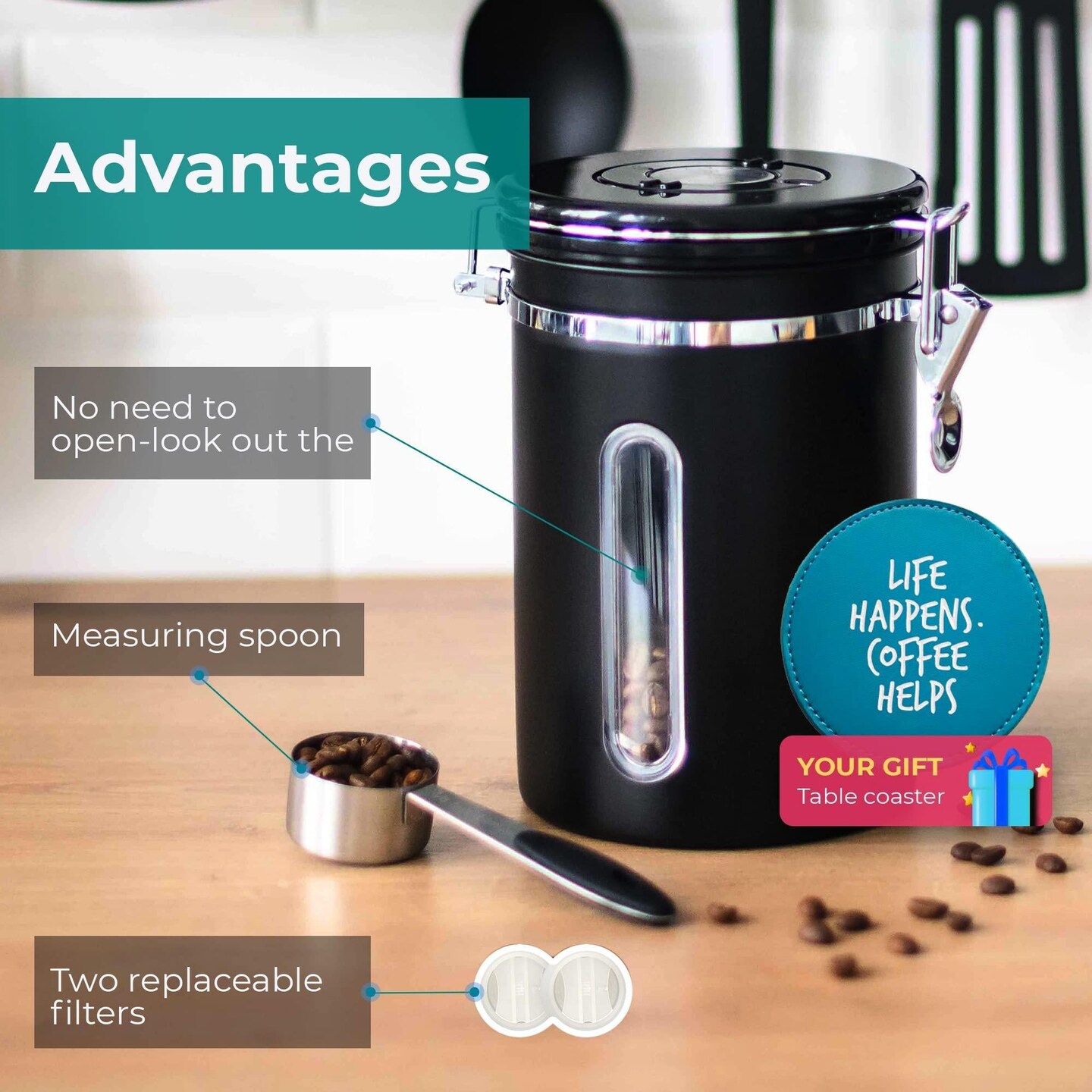 Stainless Steel Coffee Canister   Airtight Kitchen Food Storage Container with Date Tracker CO2 Release Valve and Measuring Scoop For Ground Coffee Beans Tea Sugar Large (Black)