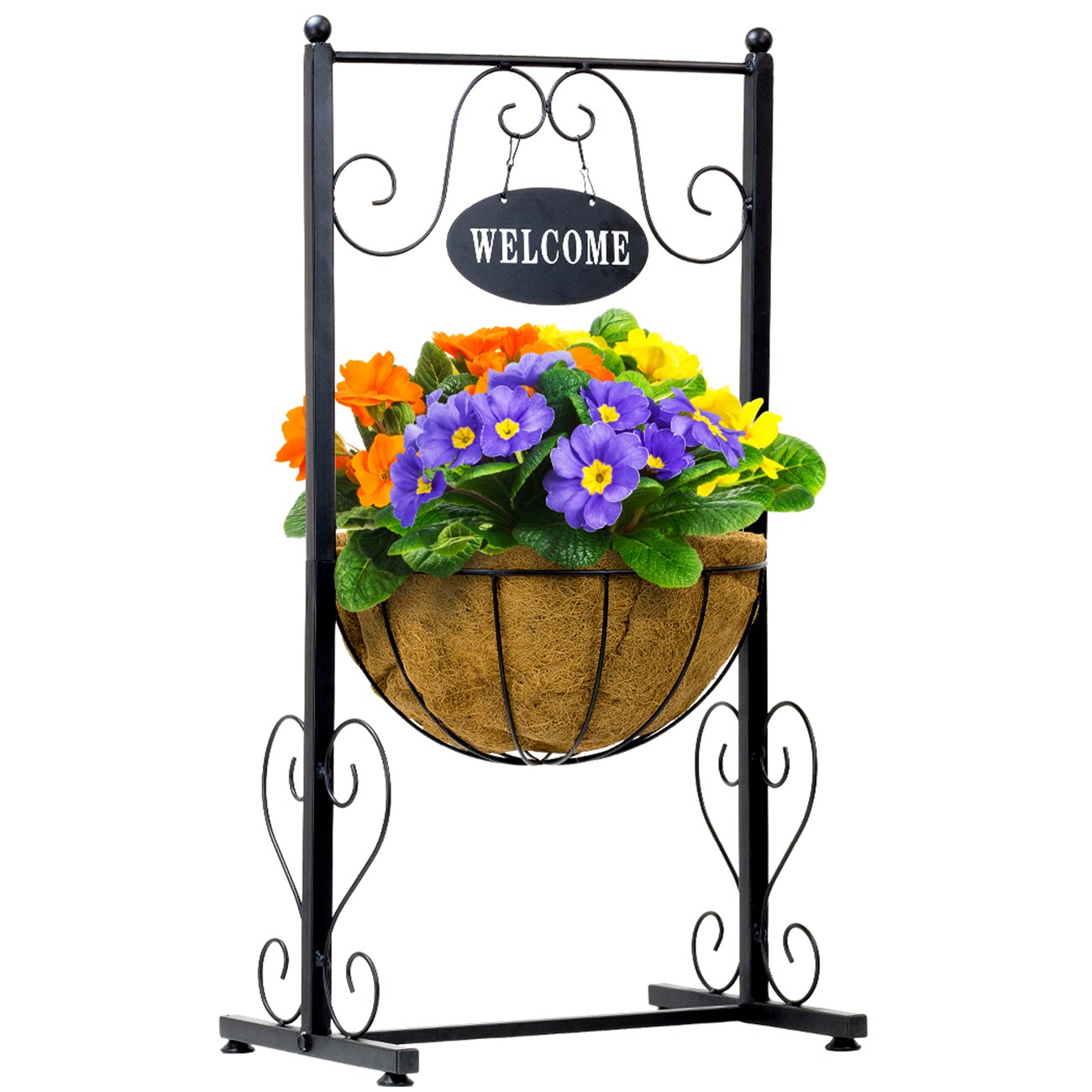 Sorbus Welcome Planter Basket Stand with Coco Liner, Stylish Flower, Plant, and Outdoor decor for Home, Garden, Patio, Deck, Black Metal