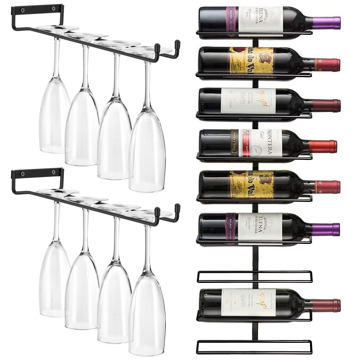 Sorbus Wall Mount Wine Rack + Under Cabinet Wine Glass Holder Set - for Wine Bottles, Champagne, and Wine Glasses