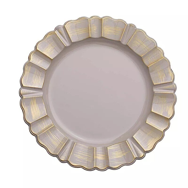 24 NUDE GOLD 13&#x22; Round Scalloped Trim Charger Plates