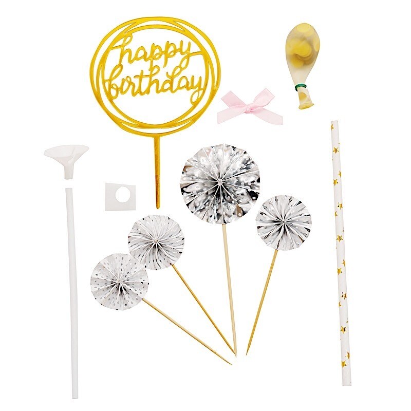 Happy Birthday Cake Topper Set with Paper Fans and Confetti Balloon Decorations