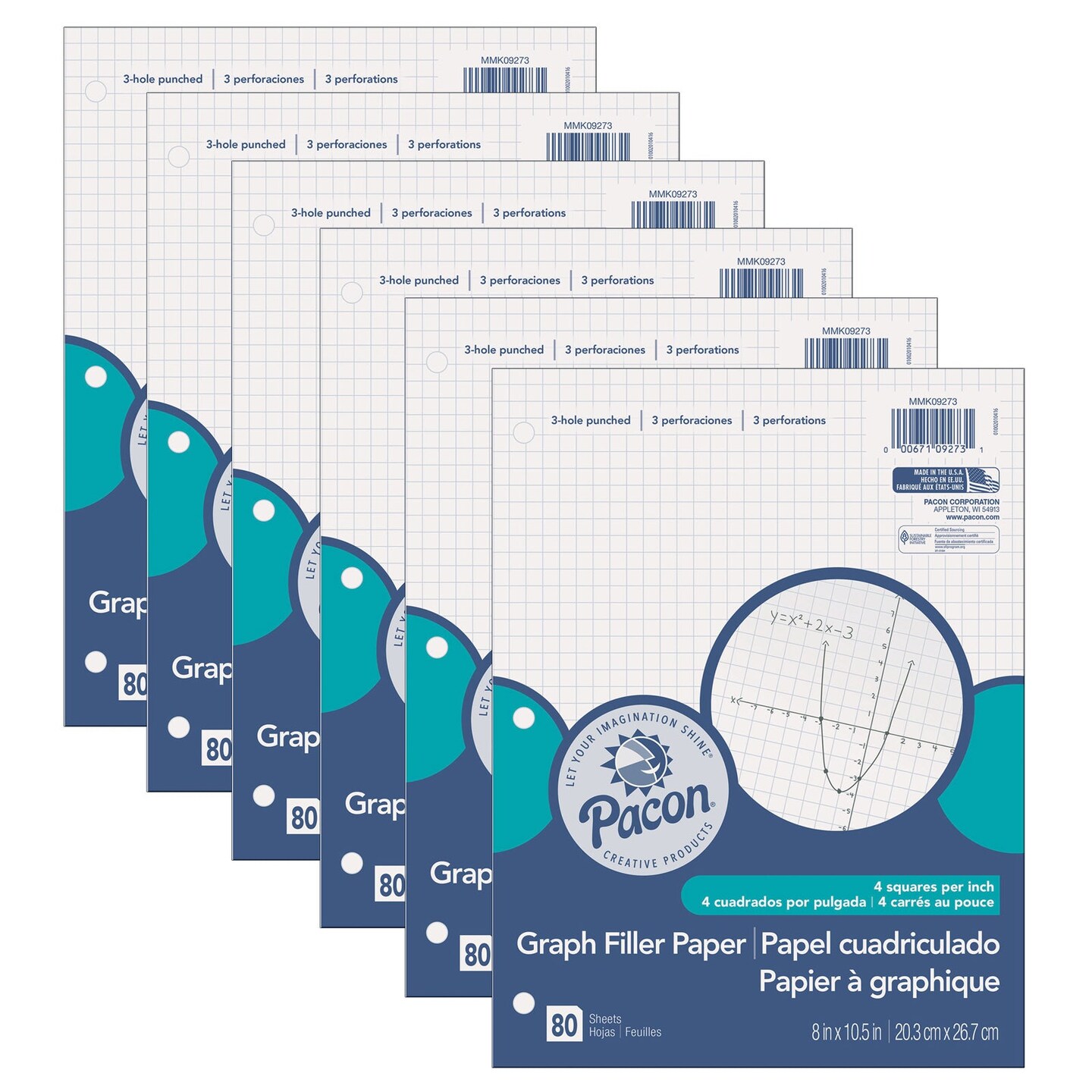 Graphing Paper, White, 3-Hole Punched, 1/4&#x22; Quadrille Ruled, 8&#x22; x 10-1/2&#x22;, 80 Sheets Per Pack, 6 Packs