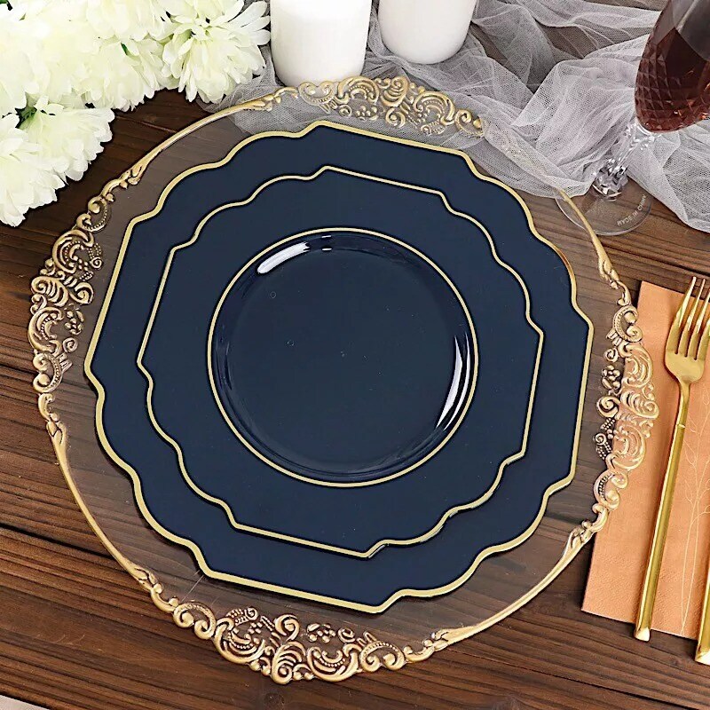 10 NAVY BLUE 12&#x22; Baroque PLASTIC DINNER PLATES with Gold Rim