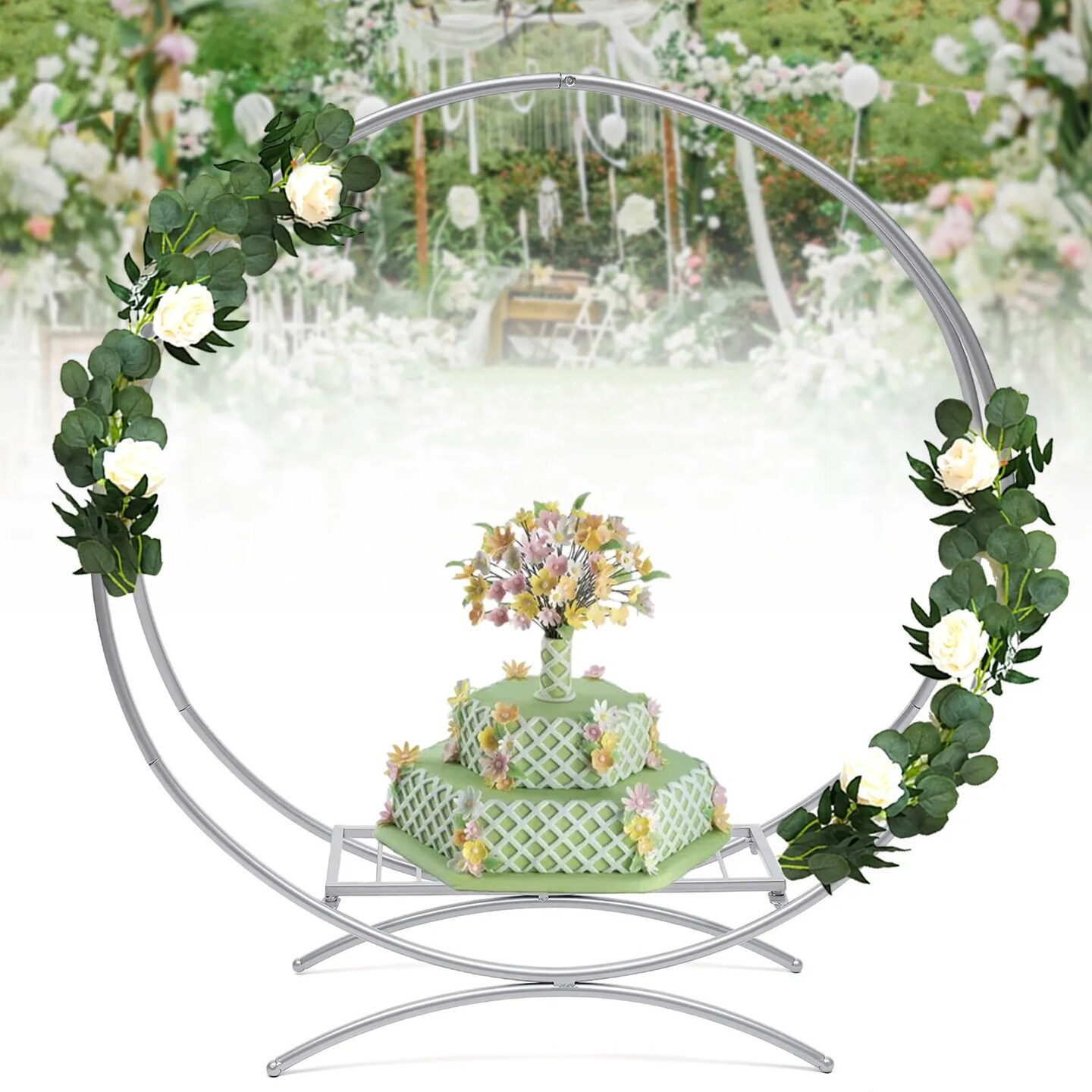 Double Ring Wedding Cake and Flower Stand